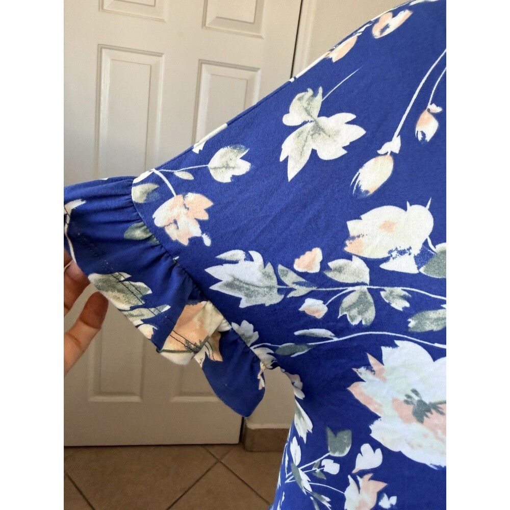 Ninexis Women's Floral Hoodie Top M Blue Ruffle Hem Short Sleeve Boho - Picture 6 of 15
